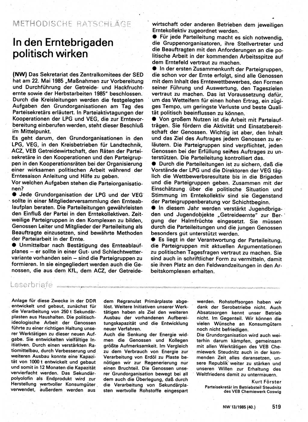Neuer Weg (NW), Organ des Zentralkomitees (ZK) der SED (Sozialistische Einheitspartei Deutschlands) für Fragen des Parteilebens, 40. Jahrgang [Deutsche Demokratische Republik (DDR)] 1985, Seite 519 (NW ZK SED DDR 1985, S. 519)