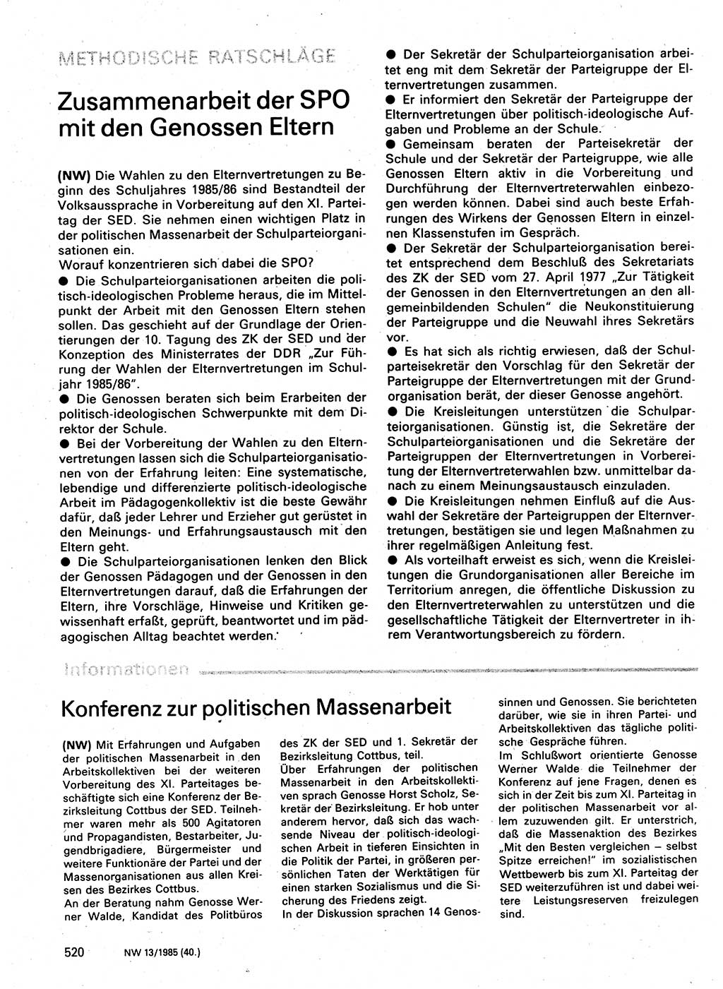 Neuer Weg (NW), Organ des Zentralkomitees (ZK) der SED (Sozialistische Einheitspartei Deutschlands) für Fragen des Parteilebens, 40. Jahrgang [Deutsche Demokratische Republik (DDR)] 1985, Seite 520 (NW ZK SED DDR 1985, S. 520)