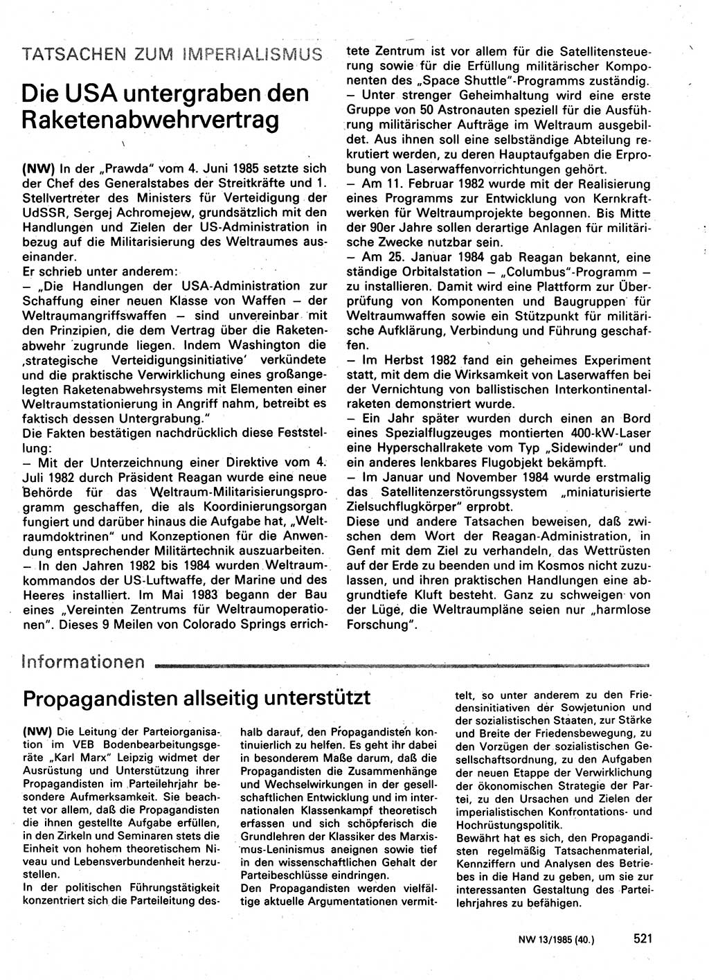 Neuer Weg (NW), Organ des Zentralkomitees (ZK) der SED (Sozialistische Einheitspartei Deutschlands) für Fragen des Parteilebens, 40. Jahrgang [Deutsche Demokratische Republik (DDR)] 1985, Seite 521 (NW ZK SED DDR 1985, S. 521)
