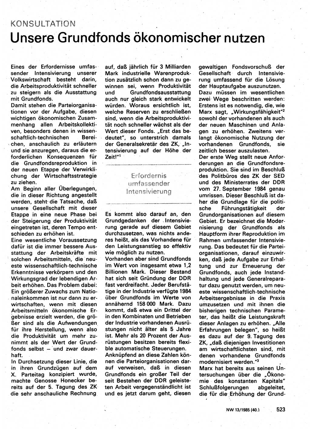 Neuer Weg (NW), Organ des Zentralkomitees (ZK) der SED (Sozialistische Einheitspartei Deutschlands) für Fragen des Parteilebens, 40. Jahrgang [Deutsche Demokratische Republik (DDR)] 1985, Seite 523 (NW ZK SED DDR 1985, S. 523)