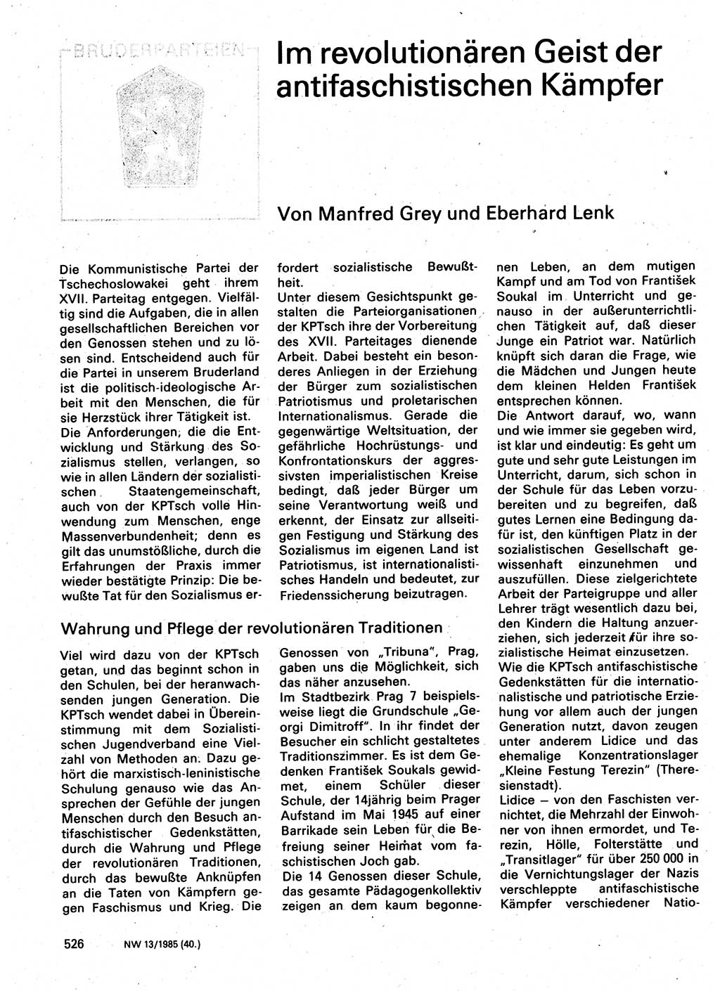 Neuer Weg (NW), Organ des Zentralkomitees (ZK) der SED (Sozialistische Einheitspartei Deutschlands) für Fragen des Parteilebens, 40. Jahrgang [Deutsche Demokratische Republik (DDR)] 1985, Seite 526 (NW ZK SED DDR 1985, S. 526)