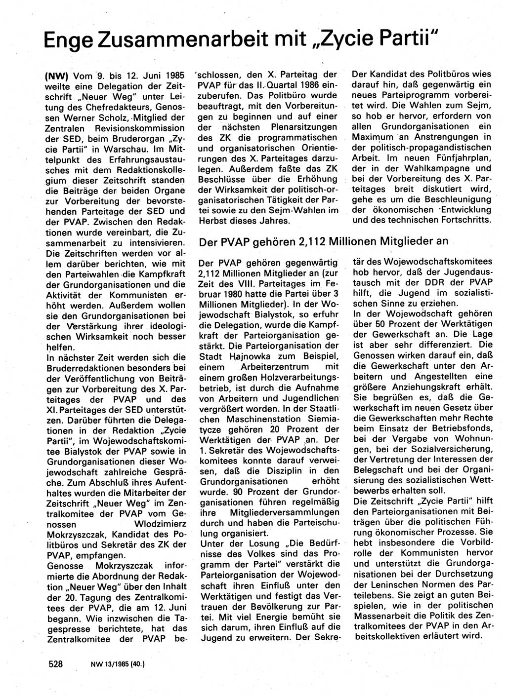 Neuer Weg (NW), Organ des Zentralkomitees (ZK) der SED (Sozialistische Einheitspartei Deutschlands) für Fragen des Parteilebens, 40. Jahrgang [Deutsche Demokratische Republik (DDR)] 1985, Seite 528 (NW ZK SED DDR 1985, S. 528)