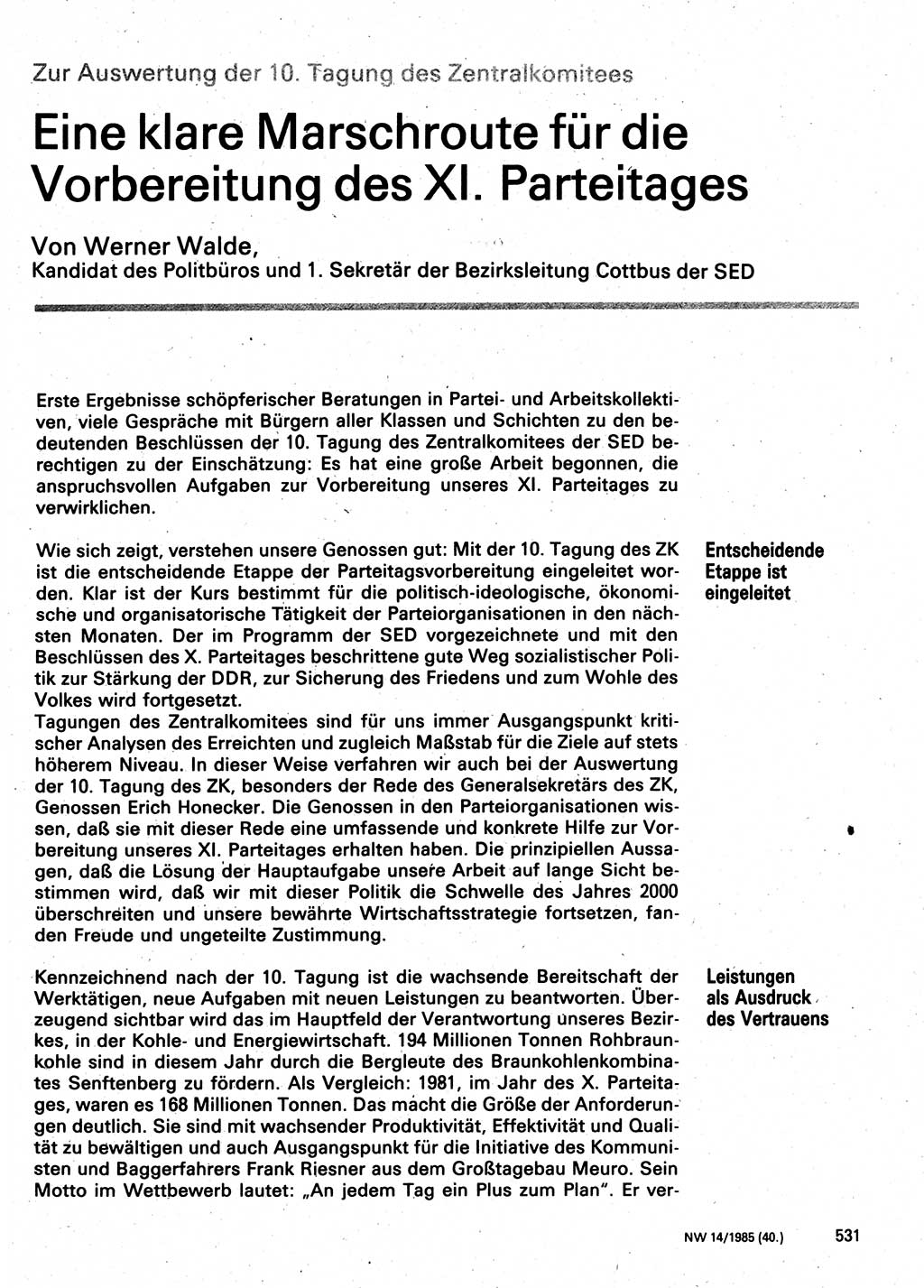 Neuer Weg (NW), Organ des Zentralkomitees (ZK) der SED (Sozialistische Einheitspartei Deutschlands) für Fragen des Parteilebens, 40. Jahrgang [Deutsche Demokratische Republik (DDR)] 1985, Seite 531 (NW ZK SED DDR 1985, S. 531)