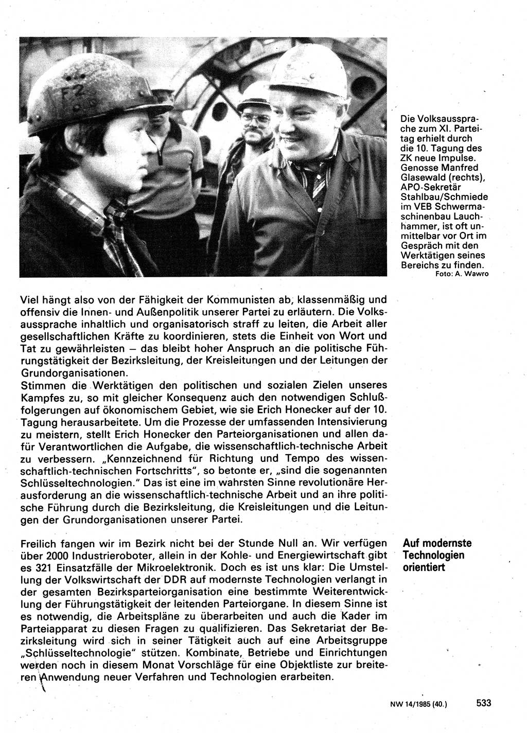 Neuer Weg (NW), Organ des Zentralkomitees (ZK) der SED (Sozialistische Einheitspartei Deutschlands) für Fragen des Parteilebens, 40. Jahrgang [Deutsche Demokratische Republik (DDR)] 1985, Seite 533 (NW ZK SED DDR 1985, S. 533)