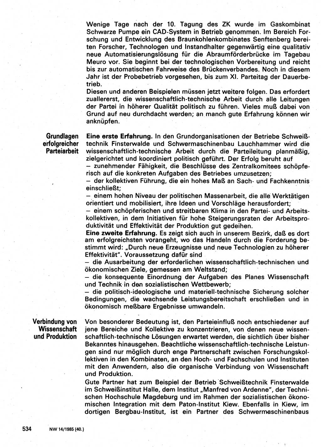 Neuer Weg (NW), Organ des Zentralkomitees (ZK) der SED (Sozialistische Einheitspartei Deutschlands) für Fragen des Parteilebens, 40. Jahrgang [Deutsche Demokratische Republik (DDR)] 1985, Seite 534 (NW ZK SED DDR 1985, S. 534)