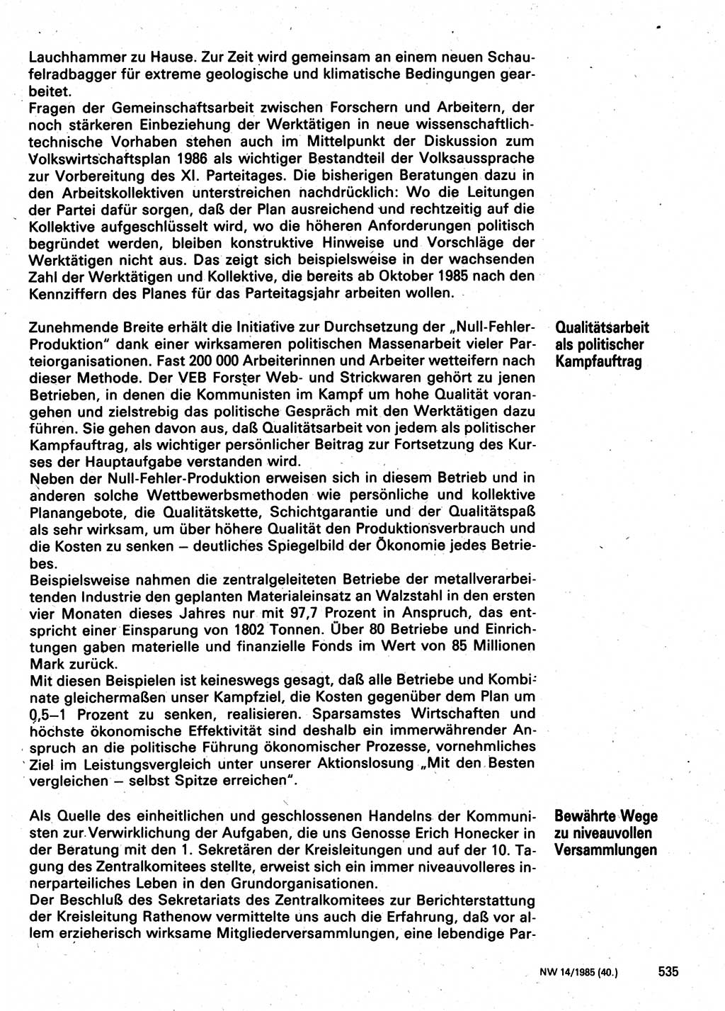 Neuer Weg (NW), Organ des Zentralkomitees (ZK) der SED (Sozialistische Einheitspartei Deutschlands) für Fragen des Parteilebens, 40. Jahrgang [Deutsche Demokratische Republik (DDR)] 1985, Seite 535 (NW ZK SED DDR 1985, S. 535)