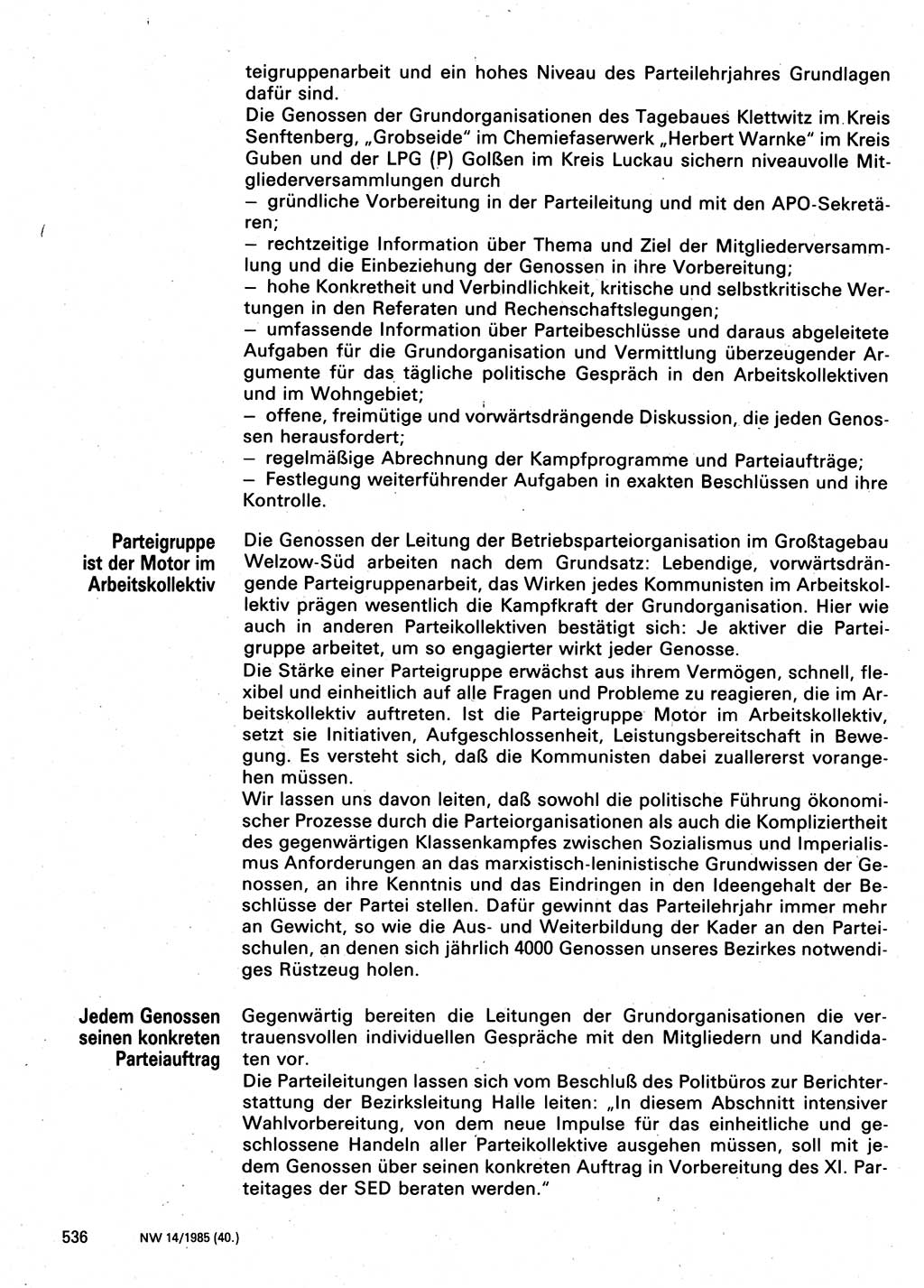 Neuer Weg (NW), Organ des Zentralkomitees (ZK) der SED (Sozialistische Einheitspartei Deutschlands) für Fragen des Parteilebens, 40. Jahrgang [Deutsche Demokratische Republik (DDR)] 1985, Seite 536 (NW ZK SED DDR 1985, S. 536)