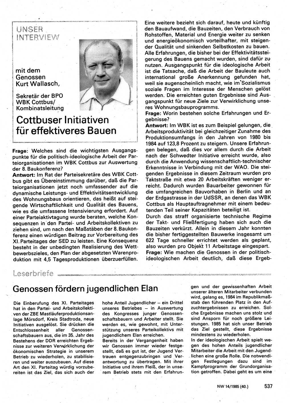 Neuer Weg (NW), Organ des Zentralkomitees (ZK) der SED (Sozialistische Einheitspartei Deutschlands) für Fragen des Parteilebens, 40. Jahrgang [Deutsche Demokratische Republik (DDR)] 1985, Seite 537 (NW ZK SED DDR 1985, S. 537)