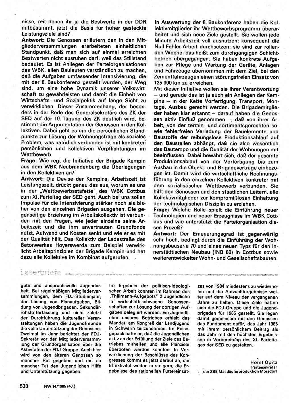 Neuer Weg (NW), Organ des Zentralkomitees (ZK) der SED (Sozialistische Einheitspartei Deutschlands) für Fragen des Parteilebens, 40. Jahrgang [Deutsche Demokratische Republik (DDR)] 1985, Seite 538 (NW ZK SED DDR 1985, S. 538)