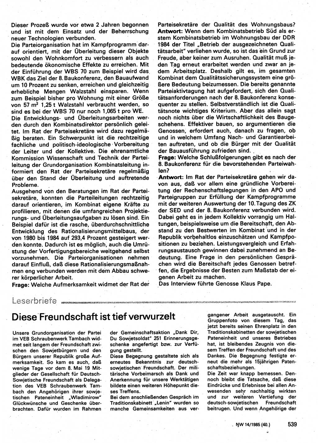 Neuer Weg (NW), Organ des Zentralkomitees (ZK) der SED (Sozialistische Einheitspartei Deutschlands) für Fragen des Parteilebens, 40. Jahrgang [Deutsche Demokratische Republik (DDR)] 1985, Seite 539 (NW ZK SED DDR 1985, S. 539)