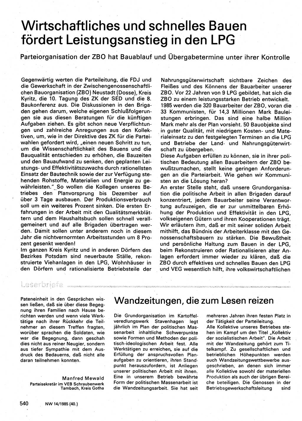 Neuer Weg (NW), Organ des Zentralkomitees (ZK) der SED (Sozialistische Einheitspartei Deutschlands) für Fragen des Parteilebens, 40. Jahrgang [Deutsche Demokratische Republik (DDR)] 1985, Seite 540 (NW ZK SED DDR 1985, S. 540)