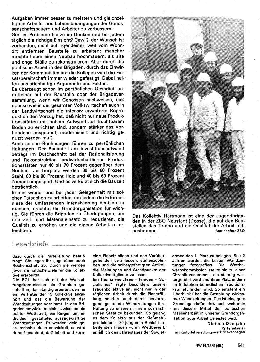 Neuer Weg (NW), Organ des Zentralkomitees (ZK) der SED (Sozialistische Einheitspartei Deutschlands) für Fragen des Parteilebens, 40. Jahrgang [Deutsche Demokratische Republik (DDR)] 1985, Seite 541 (NW ZK SED DDR 1985, S. 541)