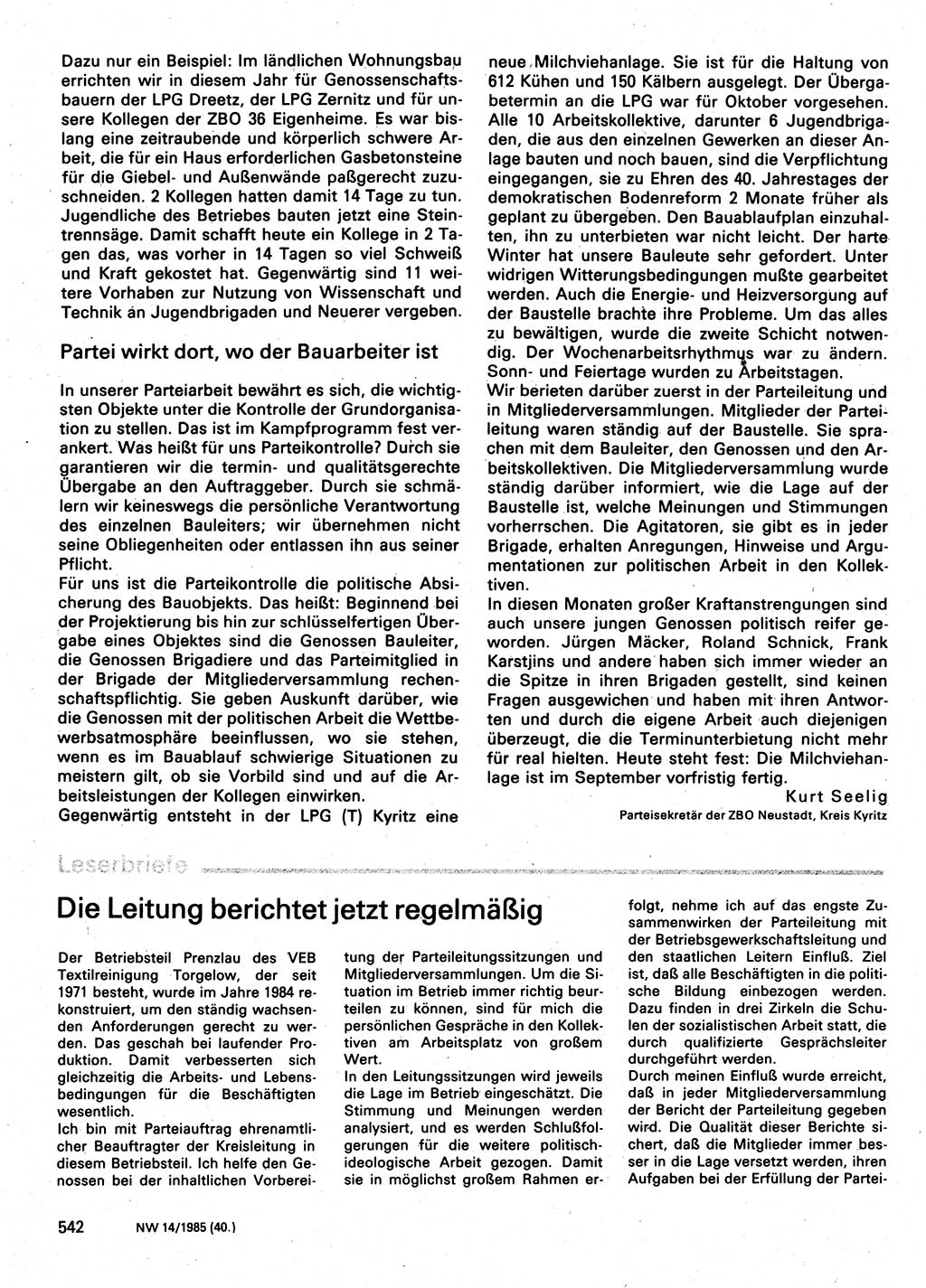 Neuer Weg (NW), Organ des Zentralkomitees (ZK) der SED (Sozialistische Einheitspartei Deutschlands) für Fragen des Parteilebens, 40. Jahrgang [Deutsche Demokratische Republik (DDR)] 1985, Seite 542 (NW ZK SED DDR 1985, S. 542)
