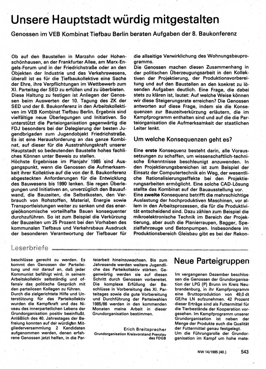 Neuer Weg (NW), Organ des Zentralkomitees (ZK) der SED (Sozialistische Einheitspartei Deutschlands) für Fragen des Parteilebens, 40. Jahrgang [Deutsche Demokratische Republik (DDR)] 1985, Seite 543 (NW ZK SED DDR 1985, S. 543)