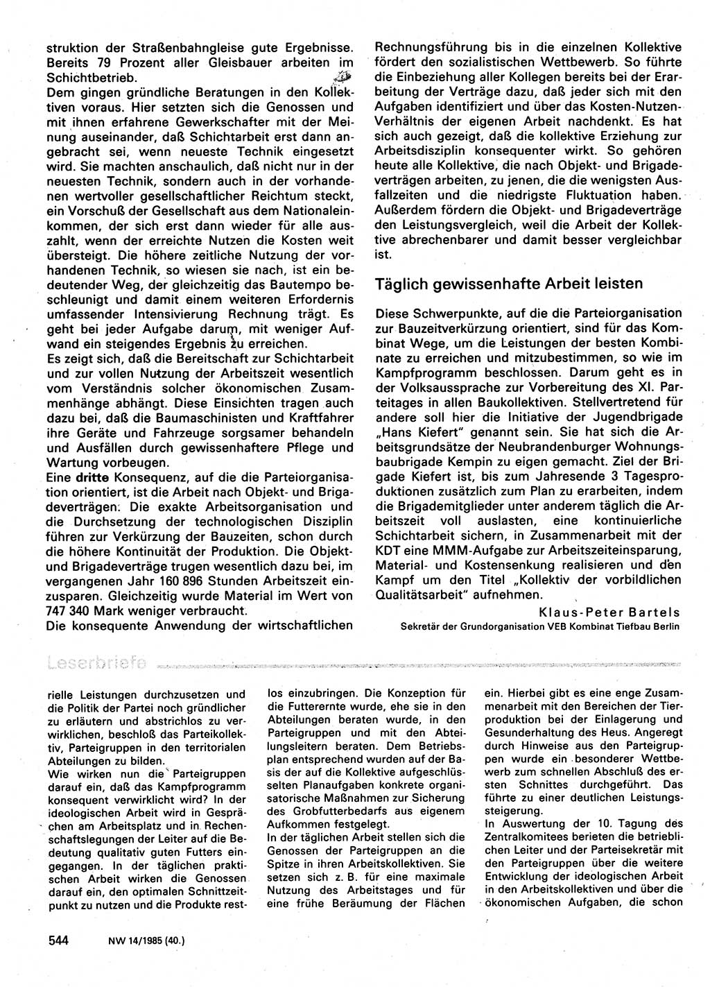 Neuer Weg (NW), Organ des Zentralkomitees (ZK) der SED (Sozialistische Einheitspartei Deutschlands) für Fragen des Parteilebens, 40. Jahrgang [Deutsche Demokratische Republik (DDR)] 1985, Seite 544 (NW ZK SED DDR 1985, S. 544)