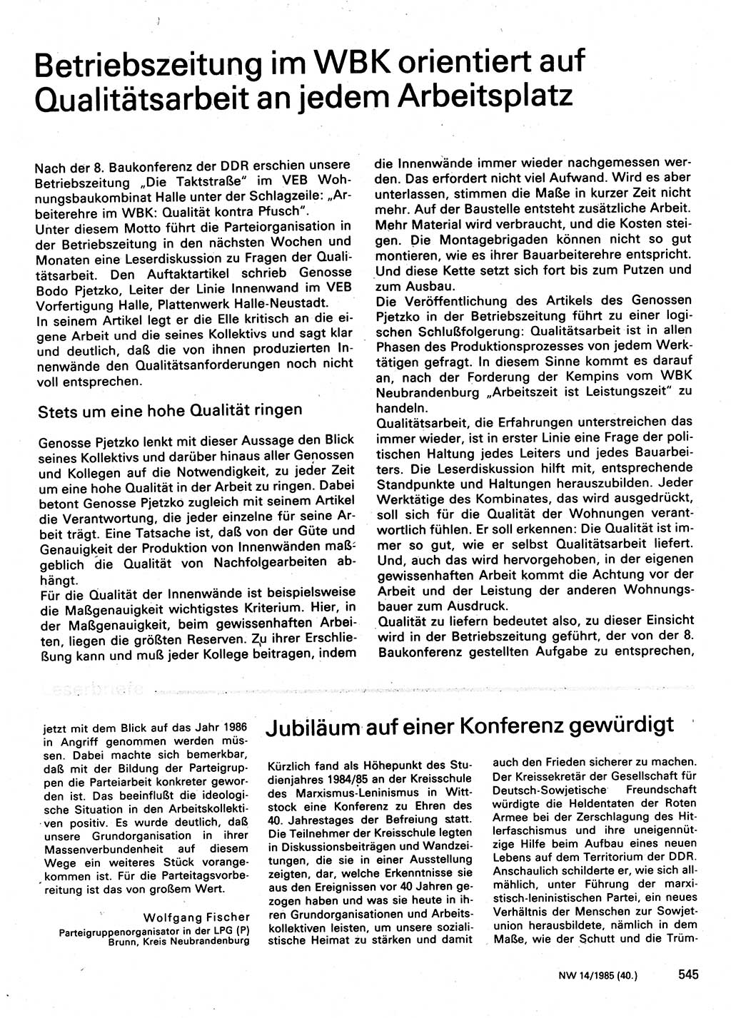 Neuer Weg (NW), Organ des Zentralkomitees (ZK) der SED (Sozialistische Einheitspartei Deutschlands) für Fragen des Parteilebens, 40. Jahrgang [Deutsche Demokratische Republik (DDR)] 1985, Seite 545 (NW ZK SED DDR 1985, S. 545)