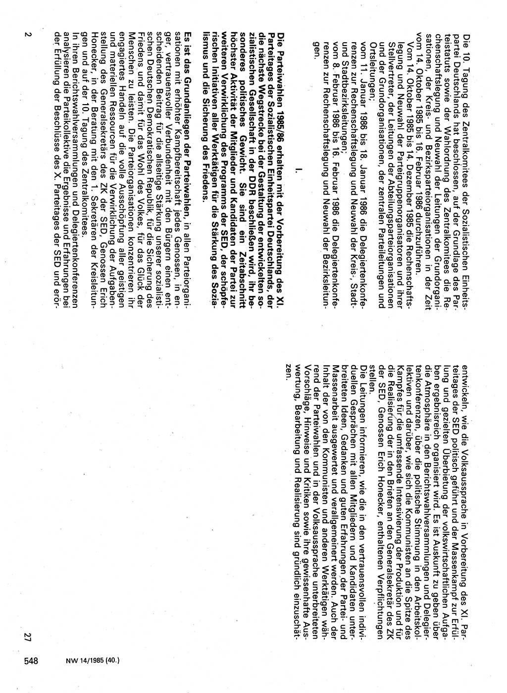 Neuer Weg (NW), Organ des Zentralkomitees (ZK) der SED (Sozialistische Einheitspartei Deutschlands) für Fragen des Parteilebens, 40. Jahrgang [Deutsche Demokratische Republik (DDR)] 1985, Seite 548 (NW ZK SED DDR 1985, S. 548)