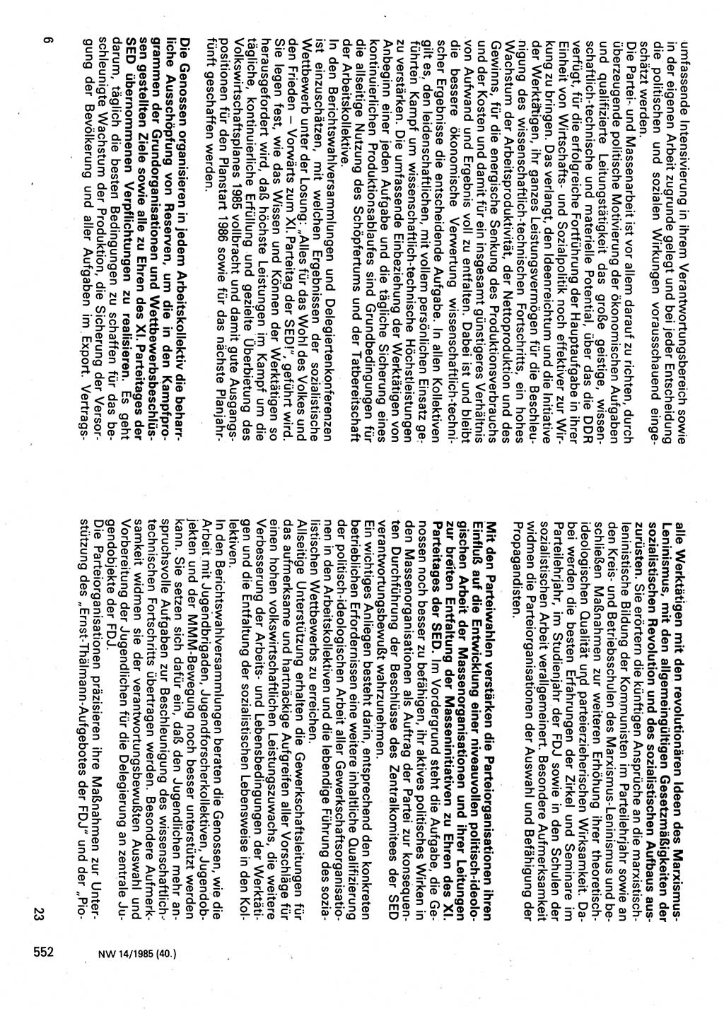 Neuer Weg (NW), Organ des Zentralkomitees (ZK) der SED (Sozialistische Einheitspartei Deutschlands) für Fragen des Parteilebens, 40. Jahrgang [Deutsche Demokratische Republik (DDR)] 1985, Seite 552 (NW ZK SED DDR 1985, S. 552)