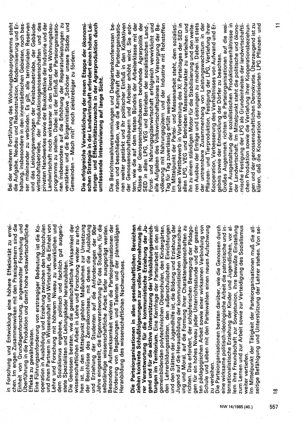 Neuer Weg (NW), Organ des Zentralkomitees (ZK) der SED (Sozialistische Einheitspartei Deutschlands) fÃ¼r Fragen des Parteilebens, 40. Jahrgang [Deutsche Demokratische Republik (DDR)] 1985, Seite 557 (NW ZK SED DDR 1985, S. 557)