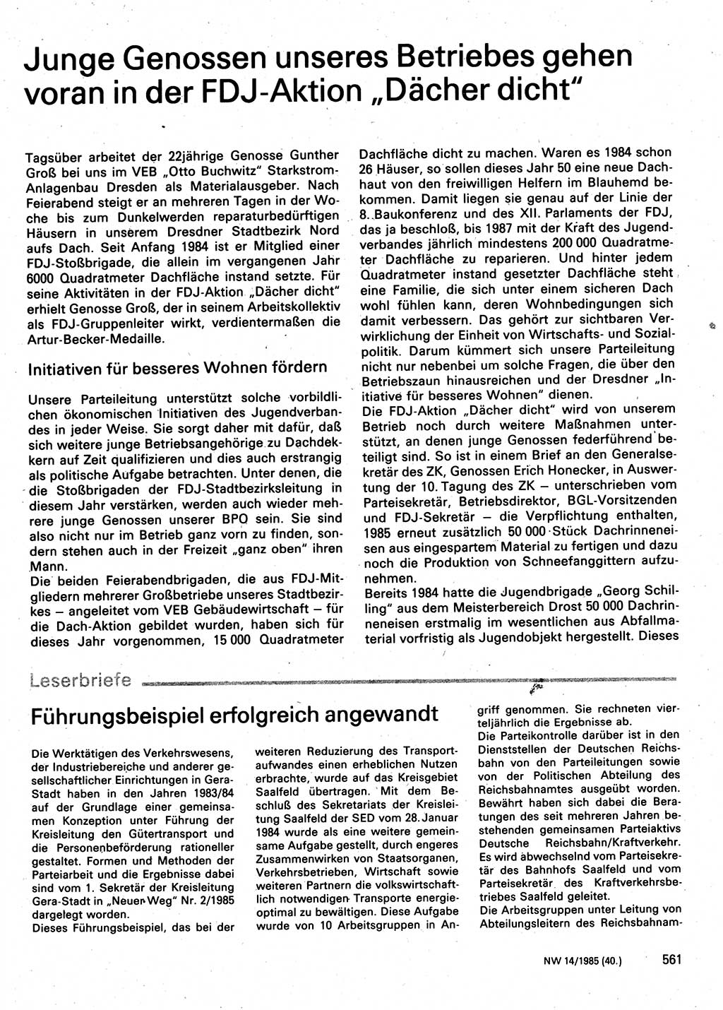 Neuer Weg (NW), Organ des Zentralkomitees (ZK) der SED (Sozialistische Einheitspartei Deutschlands) für Fragen des Parteilebens, 40. Jahrgang [Deutsche Demokratische Republik (DDR)] 1985, Seite 561 (NW ZK SED DDR 1985, S. 561)