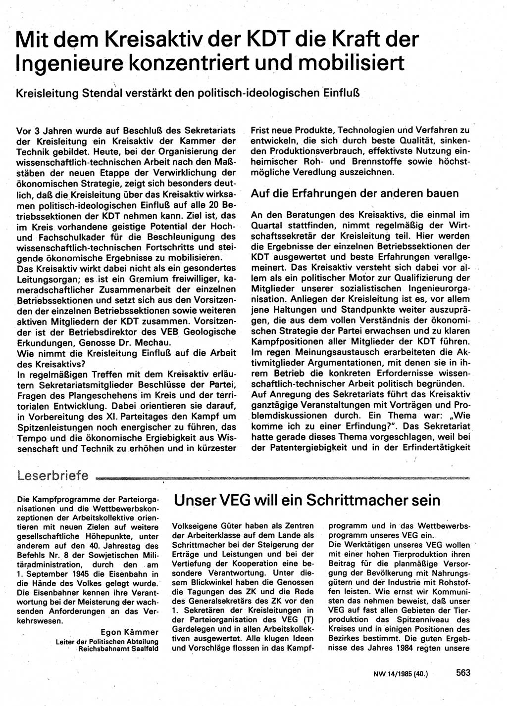 Neuer Weg (NW), Organ des Zentralkomitees (ZK) der SED (Sozialistische Einheitspartei Deutschlands) für Fragen des Parteilebens, 40. Jahrgang [Deutsche Demokratische Republik (DDR)] 1985, Seite 563 (NW ZK SED DDR 1985, S. 563)