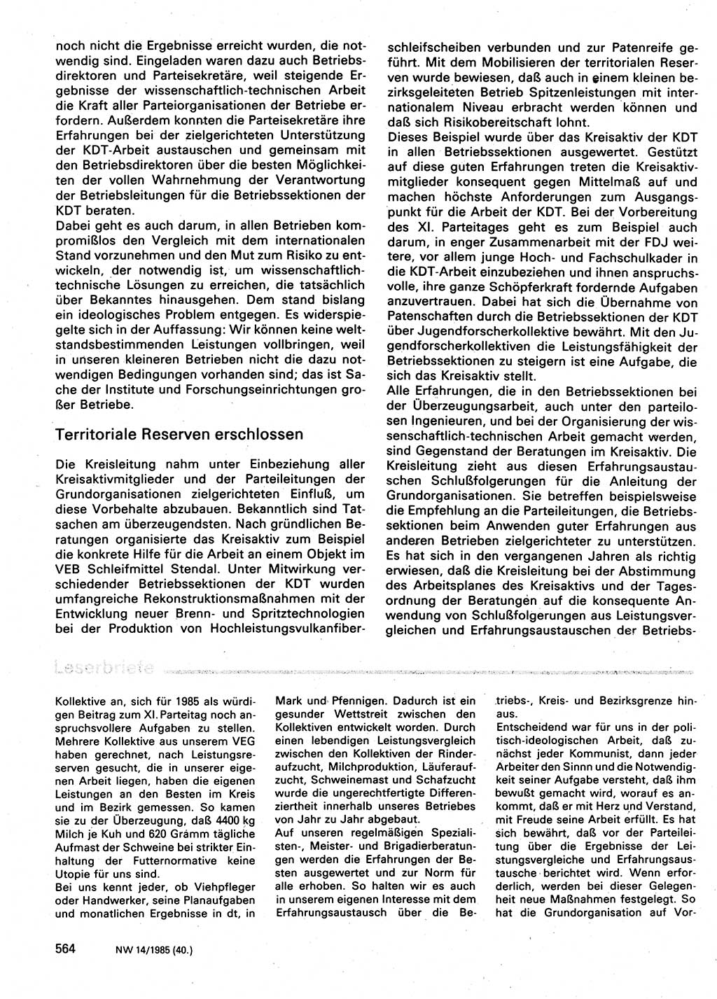 Neuer Weg (NW), Organ des Zentralkomitees (ZK) der SED (Sozialistische Einheitspartei Deutschlands) für Fragen des Parteilebens, 40. Jahrgang [Deutsche Demokratische Republik (DDR)] 1985, Seite 564 (NW ZK SED DDR 1985, S. 564)