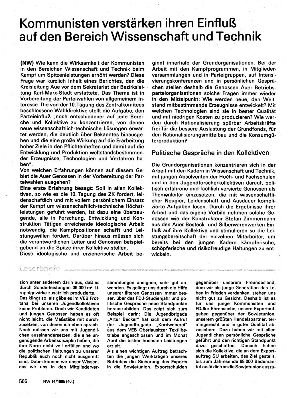 Neuer Weg (NW), Organ des Zentralkomitees (ZK) der SED (Sozialistische Einheitspartei Deutschlands) für Fragen des Parteilebens, 40. Jahrgang [Deutsche Demokratische Republik (DDR)] 1985, Seite 566 (NW ZK SED DDR 1985, S. 566)