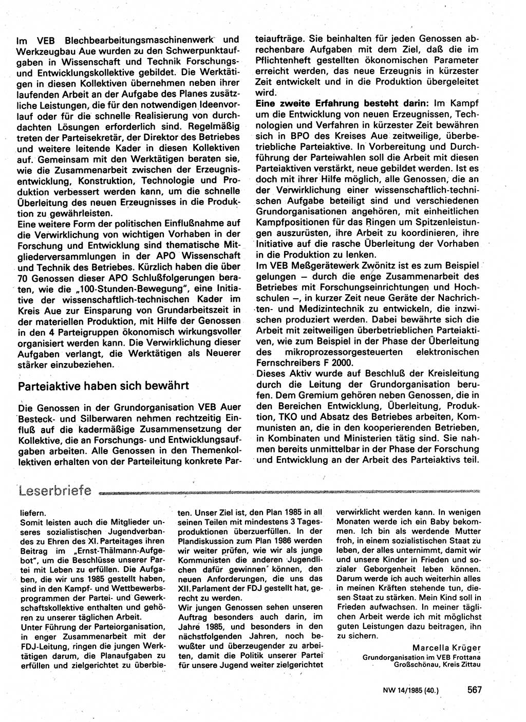 Neuer Weg (NW), Organ des Zentralkomitees (ZK) der SED (Sozialistische Einheitspartei Deutschlands) für Fragen des Parteilebens, 40. Jahrgang [Deutsche Demokratische Republik (DDR)] 1985, Seite 567 (NW ZK SED DDR 1985, S. 567)