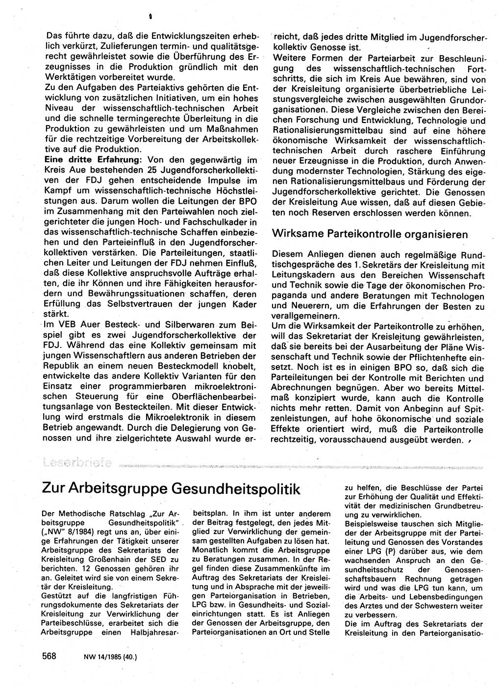 Neuer Weg (NW), Organ des Zentralkomitees (ZK) der SED (Sozialistische Einheitspartei Deutschlands) für Fragen des Parteilebens, 40. Jahrgang [Deutsche Demokratische Republik (DDR)] 1985, Seite 568 (NW ZK SED DDR 1985, S. 568)