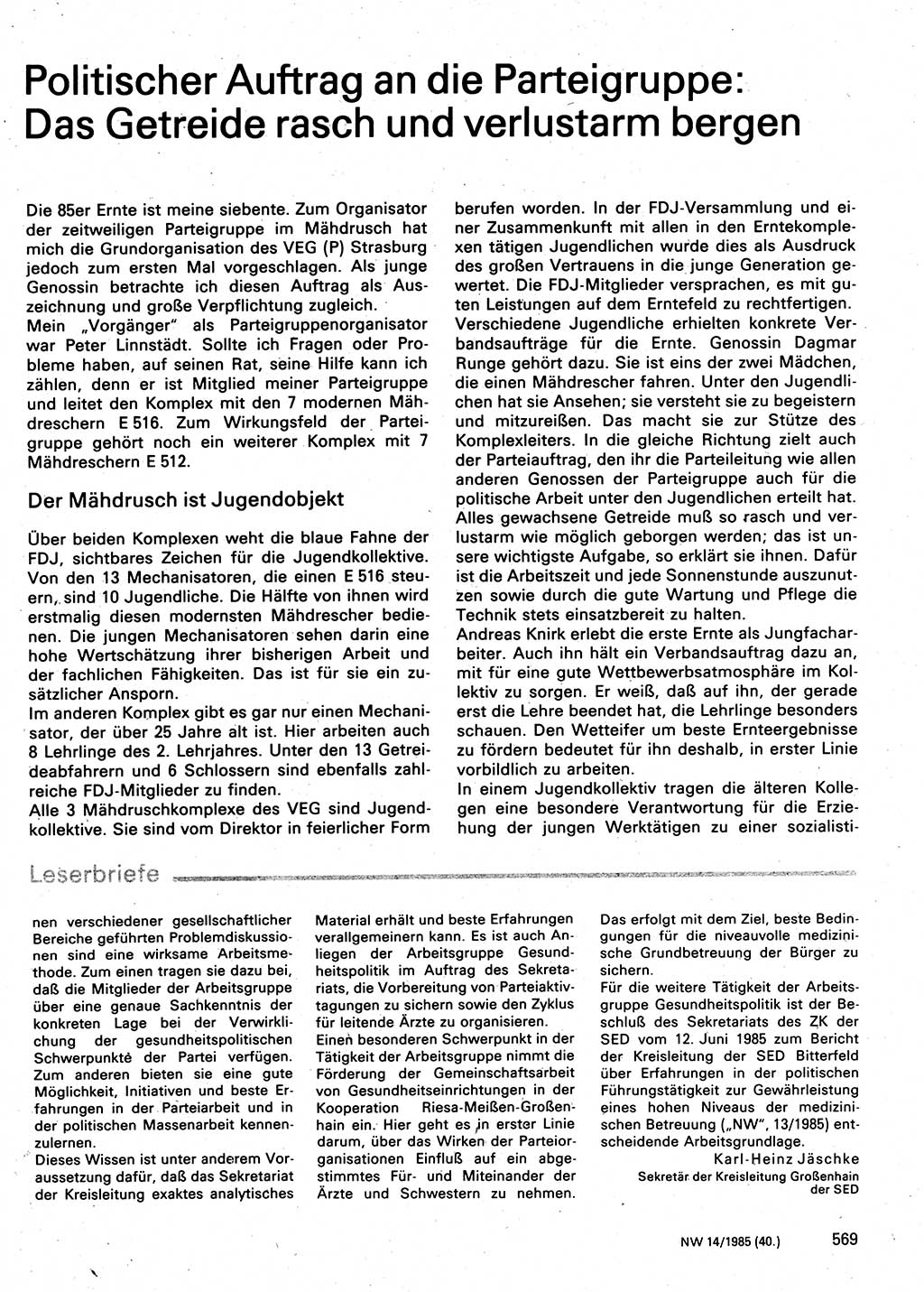 Neuer Weg (NW), Organ des Zentralkomitees (ZK) der SED (Sozialistische Einheitspartei Deutschlands) für Fragen des Parteilebens, 40. Jahrgang [Deutsche Demokratische Republik (DDR)] 1985, Seite 569 (NW ZK SED DDR 1985, S. 569)