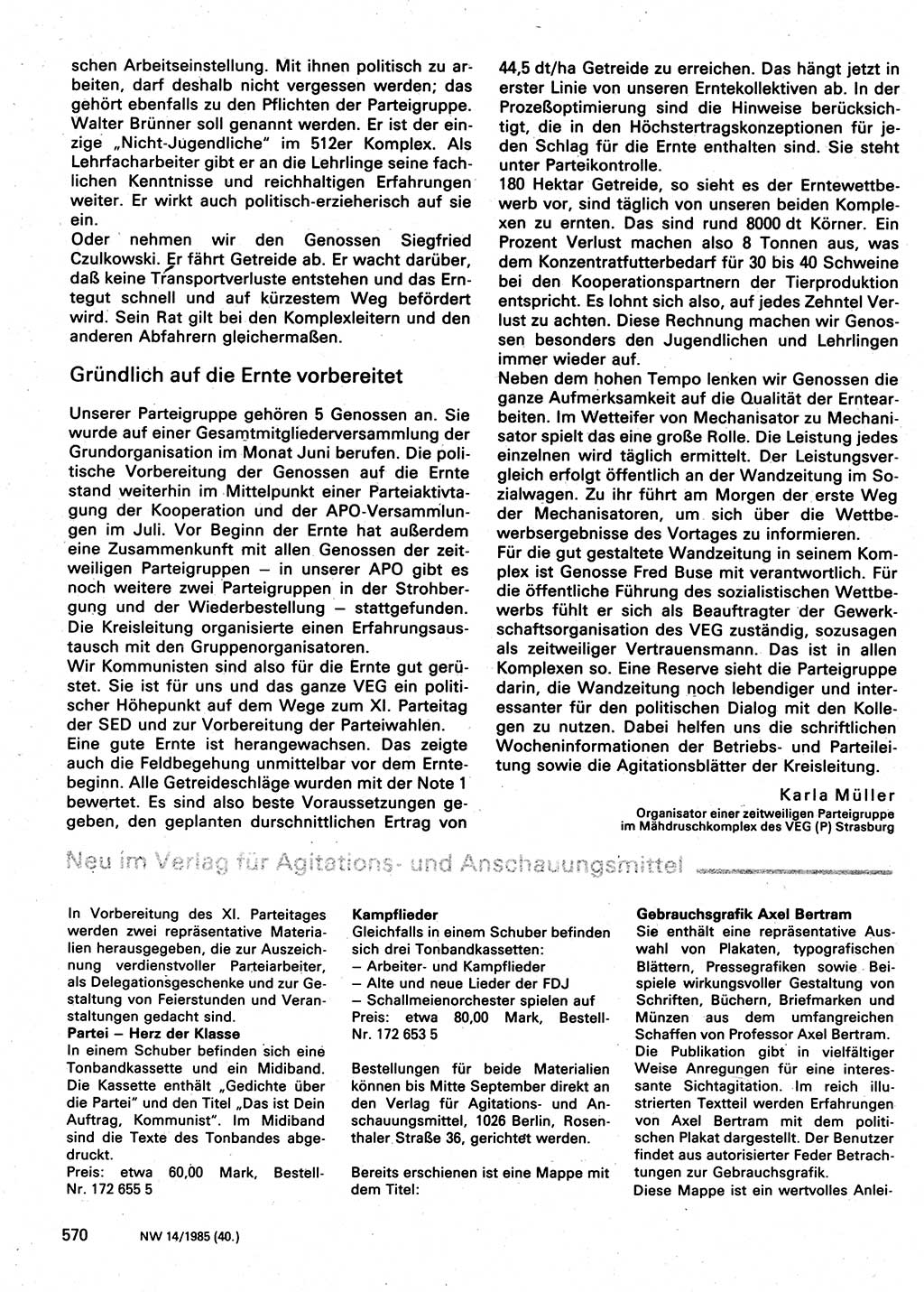 Neuer Weg (NW), Organ des Zentralkomitees (ZK) der SED (Sozialistische Einheitspartei Deutschlands) für Fragen des Parteilebens, 40. Jahrgang [Deutsche Demokratische Republik (DDR)] 1985, Seite 570 (NW ZK SED DDR 1985, S. 570)