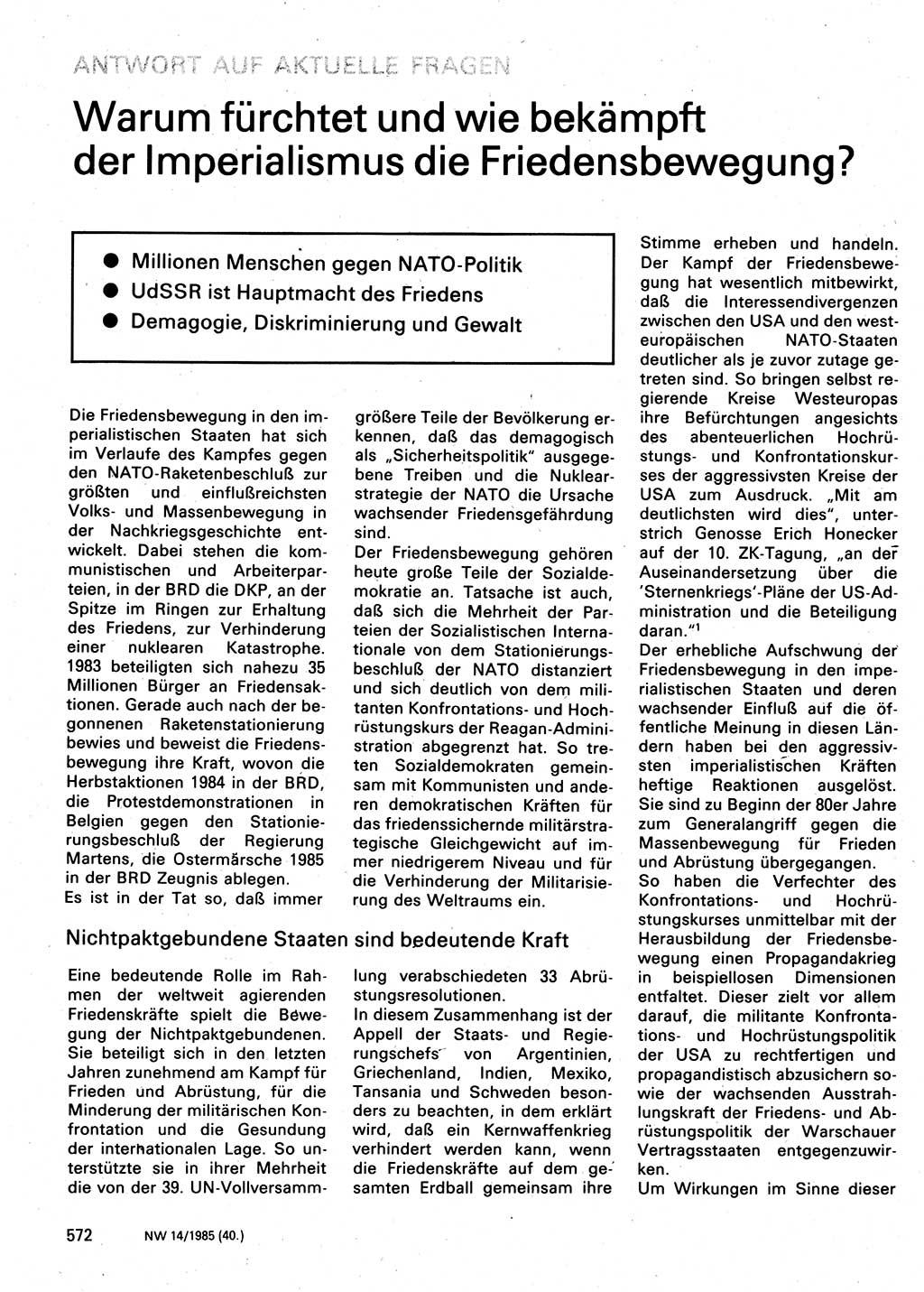 Neuer Weg (NW), Organ des Zentralkomitees (ZK) der SED (Sozialistische Einheitspartei Deutschlands) für Fragen des Parteilebens, 40. Jahrgang [Deutsche Demokratische Republik (DDR)] 1985, Seite 572 (NW ZK SED DDR 1985, S. 572)