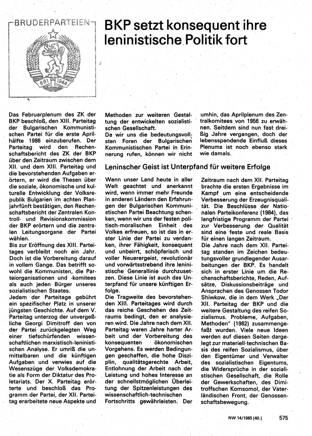 Neuer Weg (NW), Organ des Zentralkomitees (ZK) der SED (Sozialistische Einheitspartei Deutschlands) für Fragen des Parteilebens, 40. Jahrgang [Deutsche Demokratische Republik (DDR)] 1985, Seite 575 (NW ZK SED DDR 1985, S. 575)