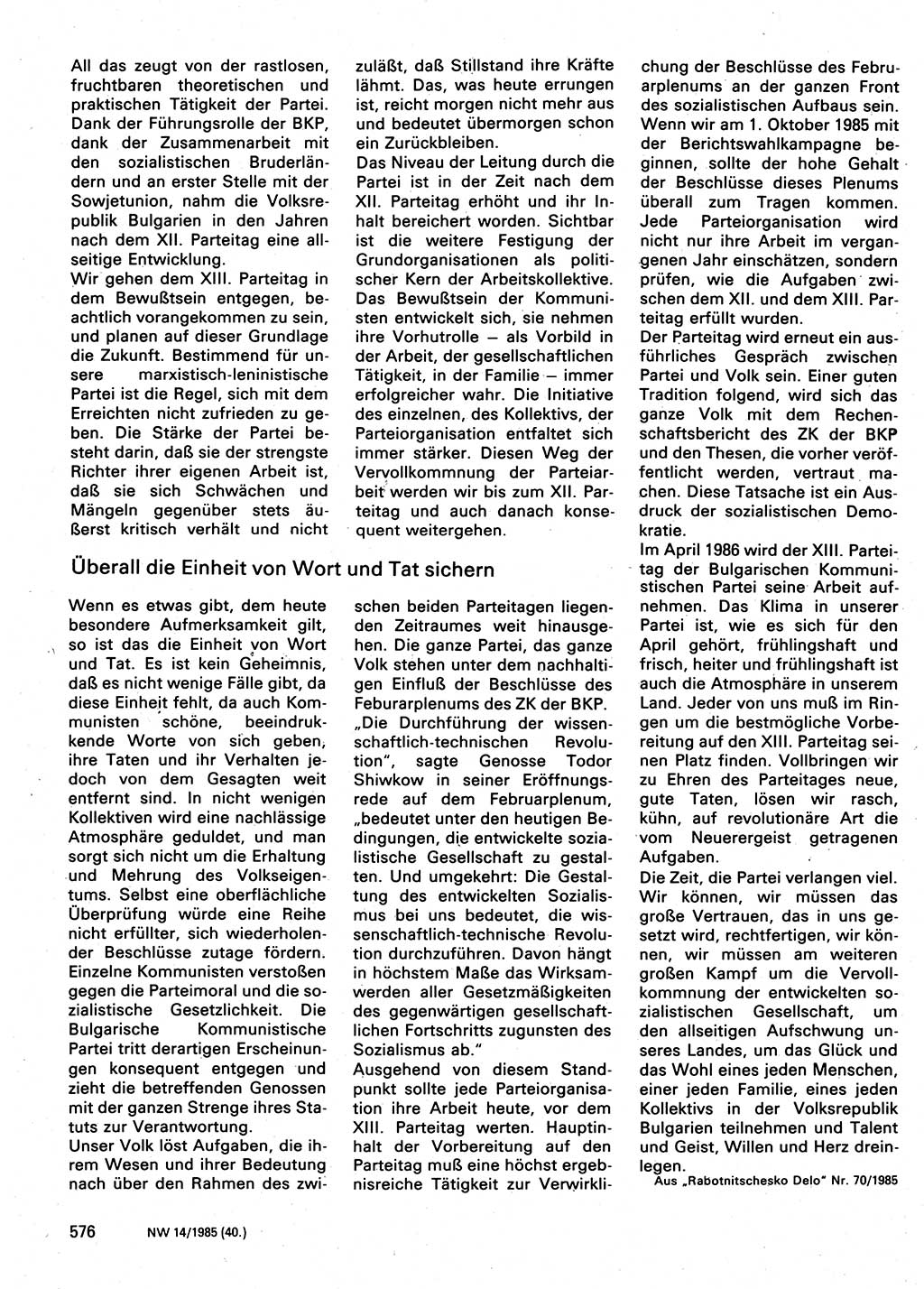 Neuer Weg (NW), Organ des Zentralkomitees (ZK) der SED (Sozialistische Einheitspartei Deutschlands) für Fragen des Parteilebens, 40. Jahrgang [Deutsche Demokratische Republik (DDR)] 1985, Seite 576 (NW ZK SED DDR 1985, S. 576)