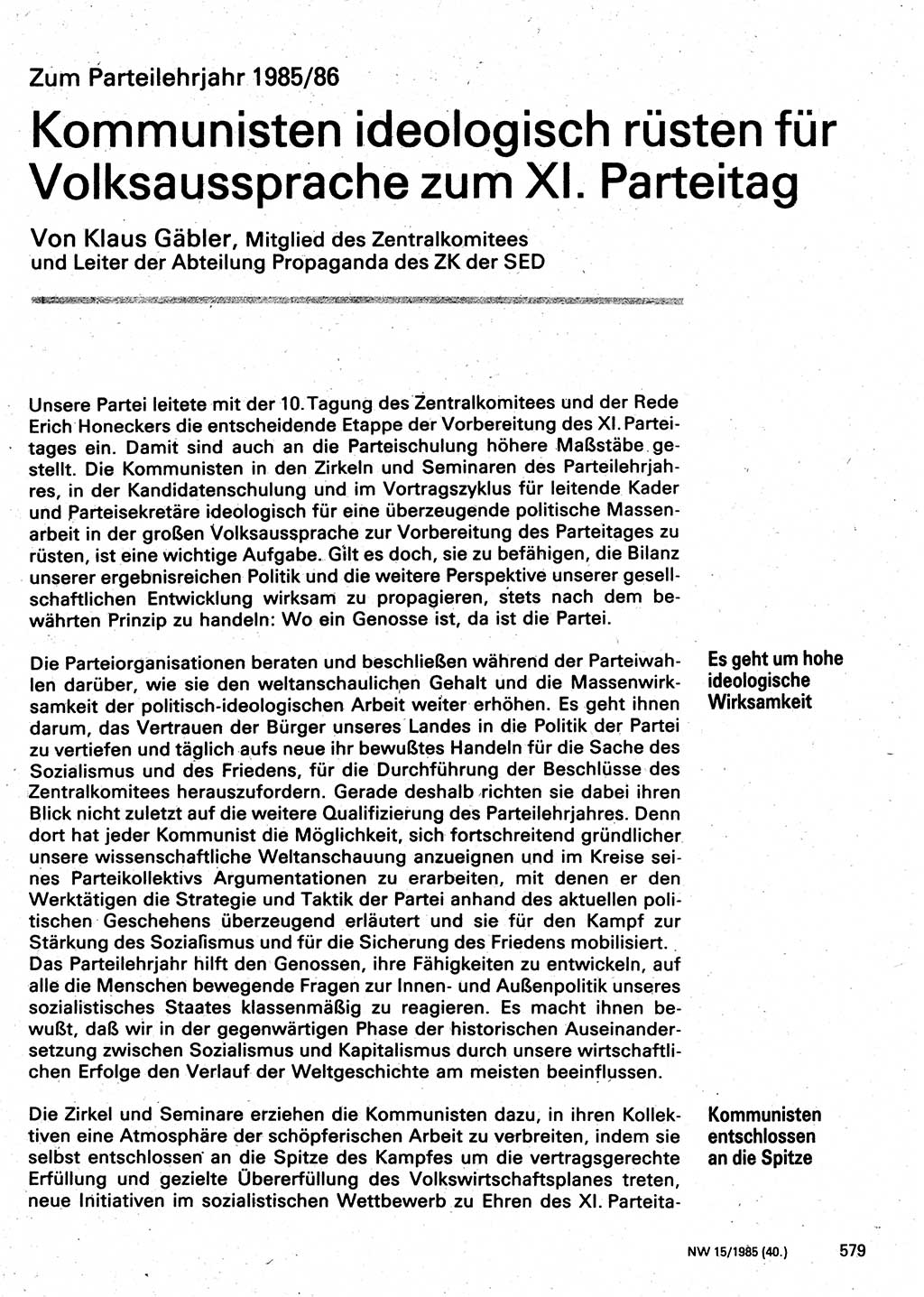 Neuer Weg (NW), Organ des Zentralkomitees (ZK) der SED (Sozialistische Einheitspartei Deutschlands) für Fragen des Parteilebens, 40. Jahrgang [Deutsche Demokratische Republik (DDR)] 1985, Seite 579 (NW ZK SED DDR 1985, S. 579)