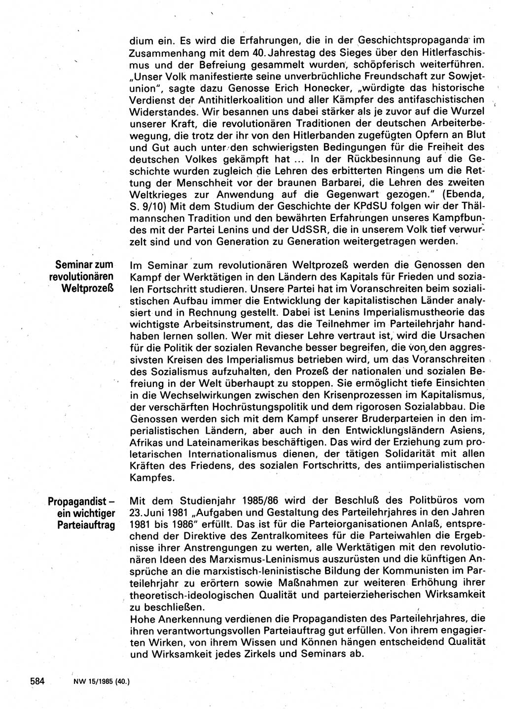 Neuer Weg (NW), Organ des Zentralkomitees (ZK) der SED (Sozialistische Einheitspartei Deutschlands) für Fragen des Parteilebens, 40. Jahrgang [Deutsche Demokratische Republik (DDR)] 1985, Seite 584 (NW ZK SED DDR 1985, S. 584)