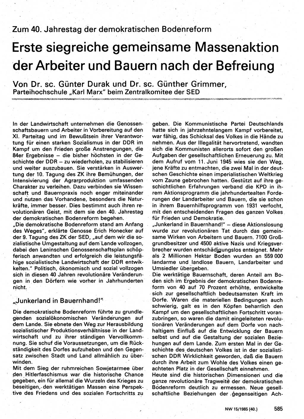 Neuer Weg (NW), Organ des Zentralkomitees (ZK) der SED (Sozialistische Einheitspartei Deutschlands) für Fragen des Parteilebens, 40. Jahrgang [Deutsche Demokratische Republik (DDR)] 1985, Seite 585 (NW ZK SED DDR 1985, S. 585)