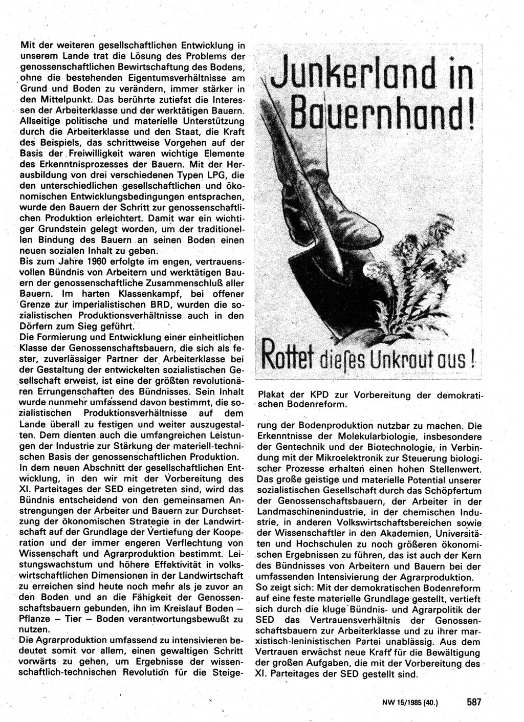 Neuer Weg (NW), Organ des Zentralkomitees (ZK) der SED (Sozialistische Einheitspartei Deutschlands) für Fragen des Parteilebens, 40. Jahrgang [Deutsche Demokratische Republik (DDR)] 1985, Seite 587 (NW ZK SED DDR 1985, S. 587)