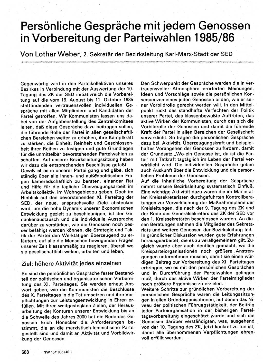 Neuer Weg (NW), Organ des Zentralkomitees (ZK) der SED (Sozialistische Einheitspartei Deutschlands) für Fragen des Parteilebens, 40. Jahrgang [Deutsche Demokratische Republik (DDR)] 1985, Seite 588 (NW ZK SED DDR 1985, S. 588)