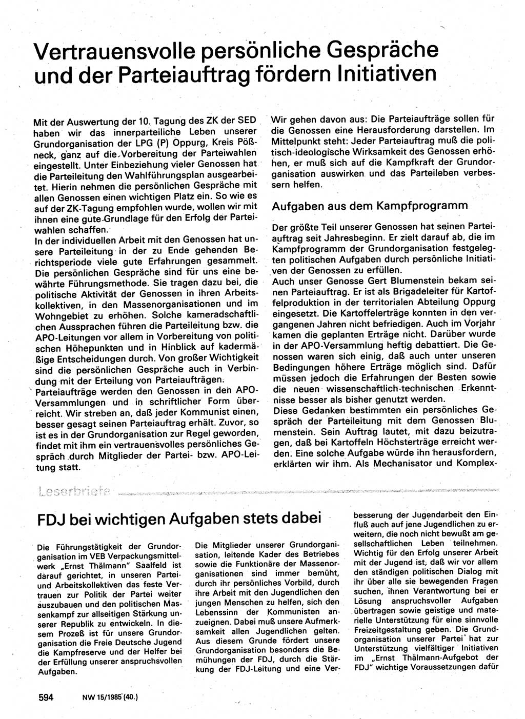 Neuer Weg (NW), Organ des Zentralkomitees (ZK) der SED (Sozialistische Einheitspartei Deutschlands) für Fragen des Parteilebens, 40. Jahrgang [Deutsche Demokratische Republik (DDR)] 1985, Seite 594 (NW ZK SED DDR 1985, S. 594)