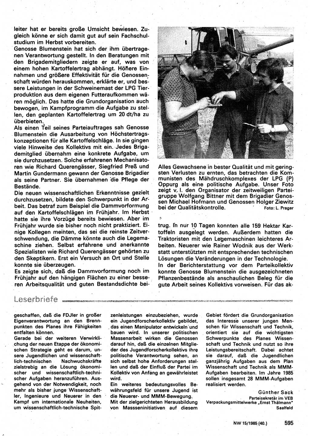 Neuer Weg (NW), Organ des Zentralkomitees (ZK) der SED (Sozialistische Einheitspartei Deutschlands) für Fragen des Parteilebens, 40. Jahrgang [Deutsche Demokratische Republik (DDR)] 1985, Seite 595 (NW ZK SED DDR 1985, S. 595)