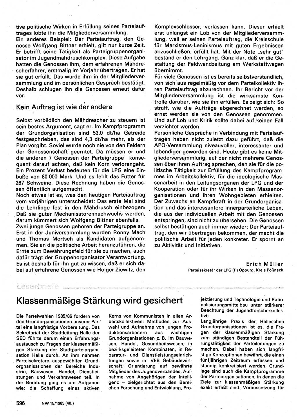 Neuer Weg (NW), Organ des Zentralkomitees (ZK) der SED (Sozialistische Einheitspartei Deutschlands) für Fragen des Parteilebens, 40. Jahrgang [Deutsche Demokratische Republik (DDR)] 1985, Seite 596 (NW ZK SED DDR 1985, S. 596)