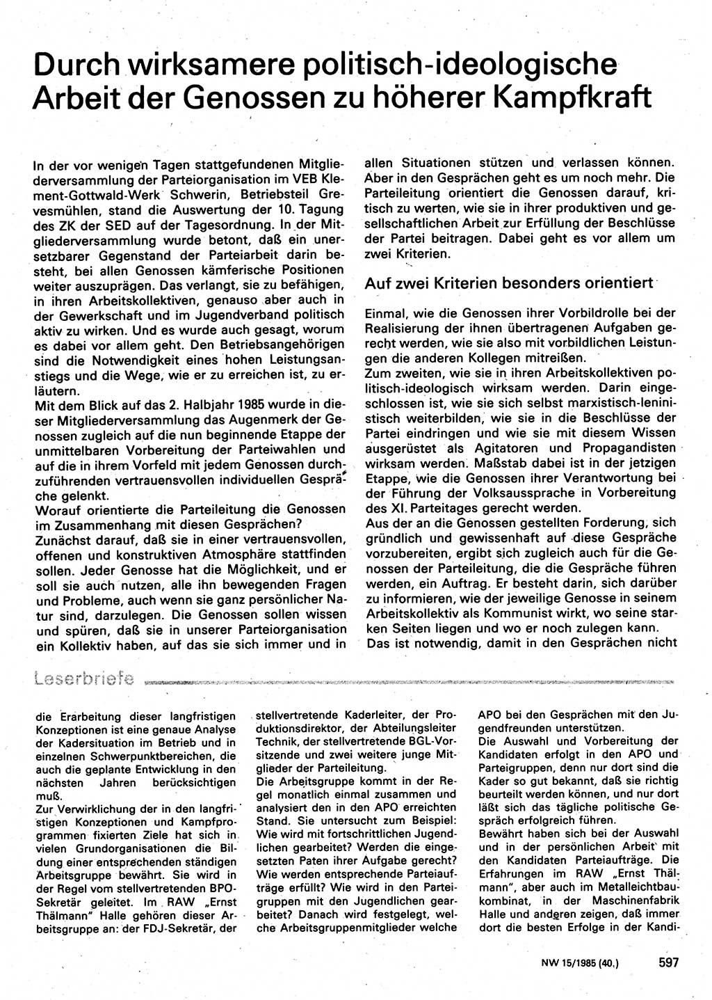 Neuer Weg (NW), Organ des Zentralkomitees (ZK) der SED (Sozialistische Einheitspartei Deutschlands) für Fragen des Parteilebens, 40. Jahrgang [Deutsche Demokratische Republik (DDR)] 1985, Seite 597 (NW ZK SED DDR 1985, S. 597)