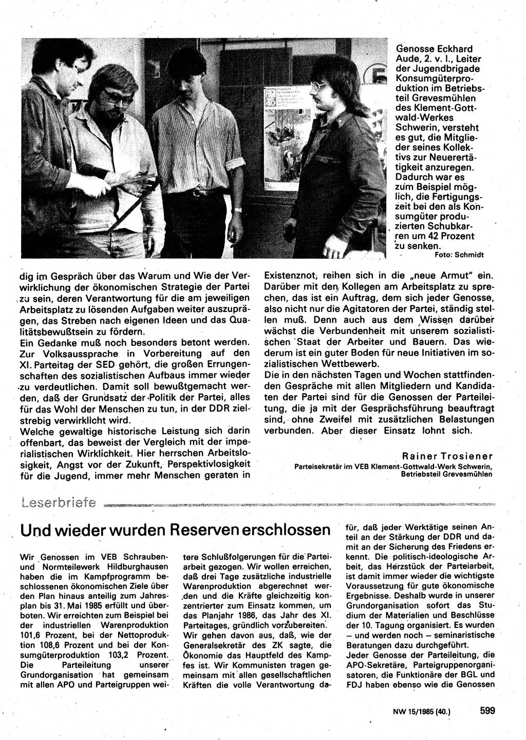 Neuer Weg (NW), Organ des Zentralkomitees (ZK) der SED (Sozialistische Einheitspartei Deutschlands) für Fragen des Parteilebens, 40. Jahrgang [Deutsche Demokratische Republik (DDR)] 1985, Seite 599 (NW ZK SED DDR 1985, S. 599)