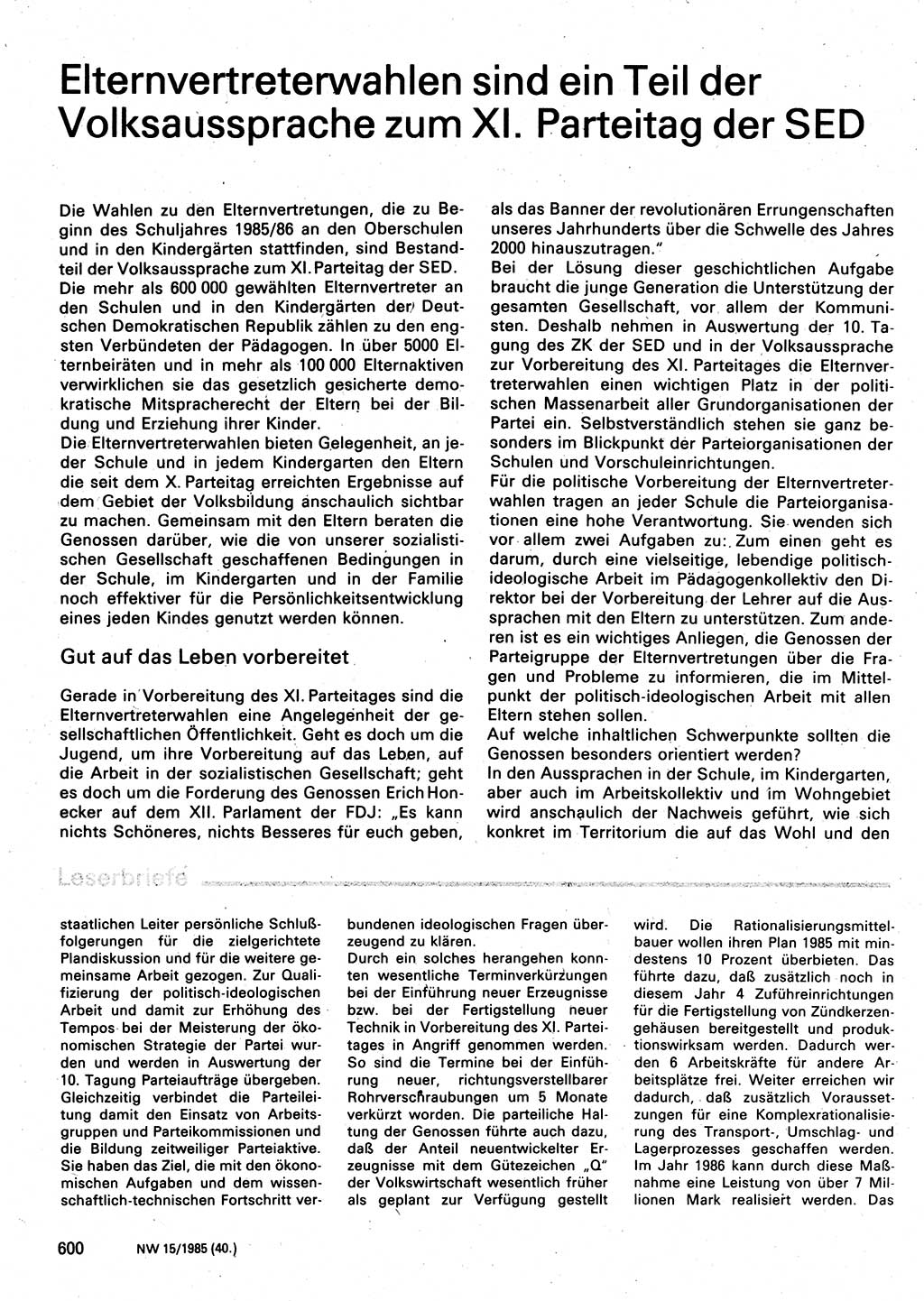 Neuer Weg (NW), Organ des Zentralkomitees (ZK) der SED (Sozialistische Einheitspartei Deutschlands) für Fragen des Parteilebens, 40. Jahrgang [Deutsche Demokratische Republik (DDR)] 1985, Seite 600 (NW ZK SED DDR 1985, S. 600)