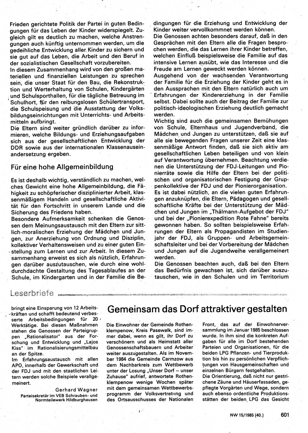 Neuer Weg (NW), Organ des Zentralkomitees (ZK) der SED (Sozialistische Einheitspartei Deutschlands) für Fragen des Parteilebens, 40. Jahrgang [Deutsche Demokratische Republik (DDR)] 1985, Seite 601 (NW ZK SED DDR 1985, S. 601)