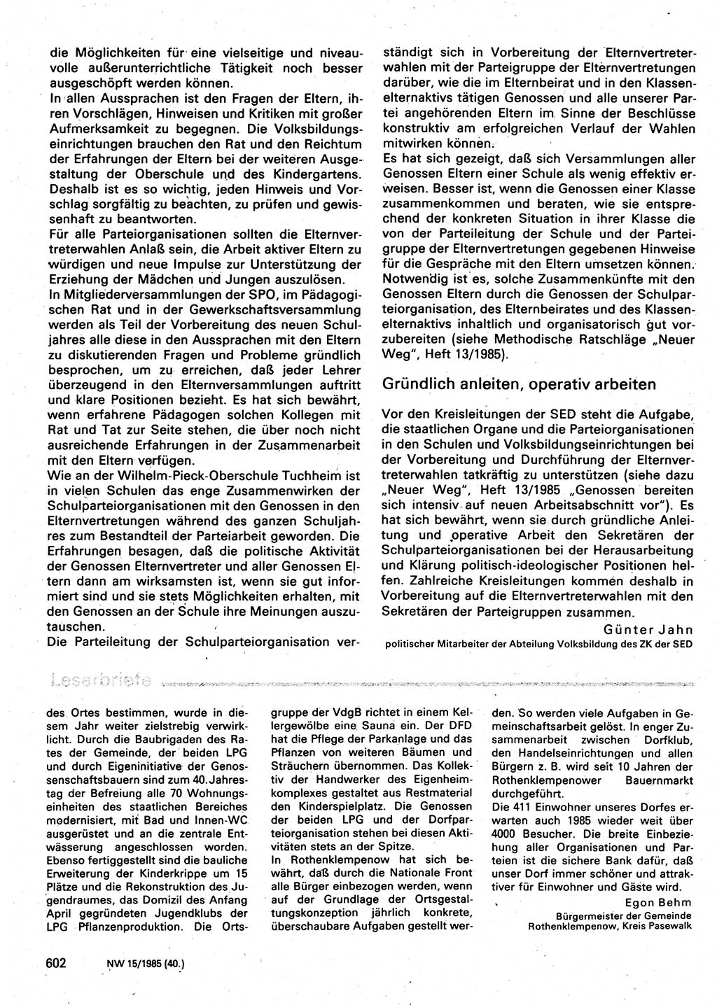 Neuer Weg (NW), Organ des Zentralkomitees (ZK) der SED (Sozialistische Einheitspartei Deutschlands) für Fragen des Parteilebens, 40. Jahrgang [Deutsche Demokratische Republik (DDR)] 1985, Seite 602 (NW ZK SED DDR 1985, S. 602)