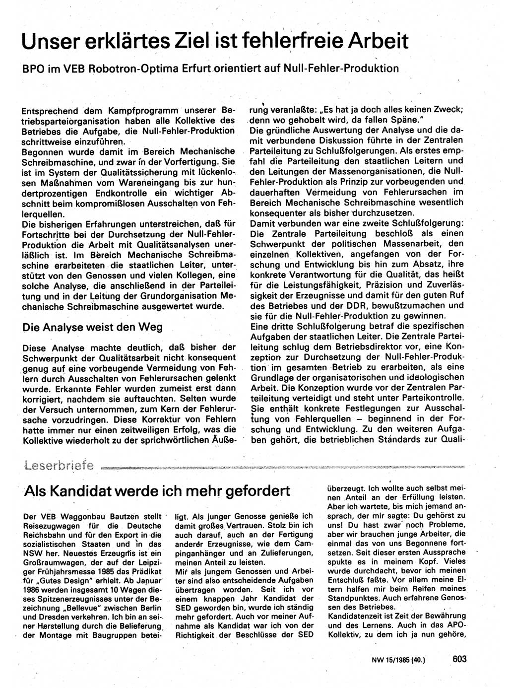 Neuer Weg (NW), Organ des Zentralkomitees (ZK) der SED (Sozialistische Einheitspartei Deutschlands) für Fragen des Parteilebens, 40. Jahrgang [Deutsche Demokratische Republik (DDR)] 1985, Seite 603 (NW ZK SED DDR 1985, S. 603)