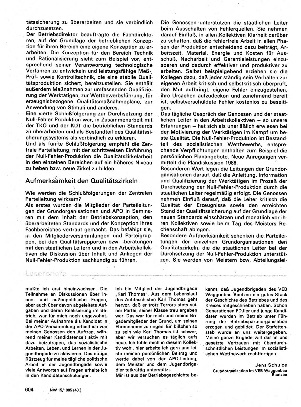 Neuer Weg (NW), Organ des Zentralkomitees (ZK) der SED (Sozialistische Einheitspartei Deutschlands) für Fragen des Parteilebens, 40. Jahrgang [Deutsche Demokratische Republik (DDR)] 1985, Seite 604 (NW ZK SED DDR 1985, S. 604)