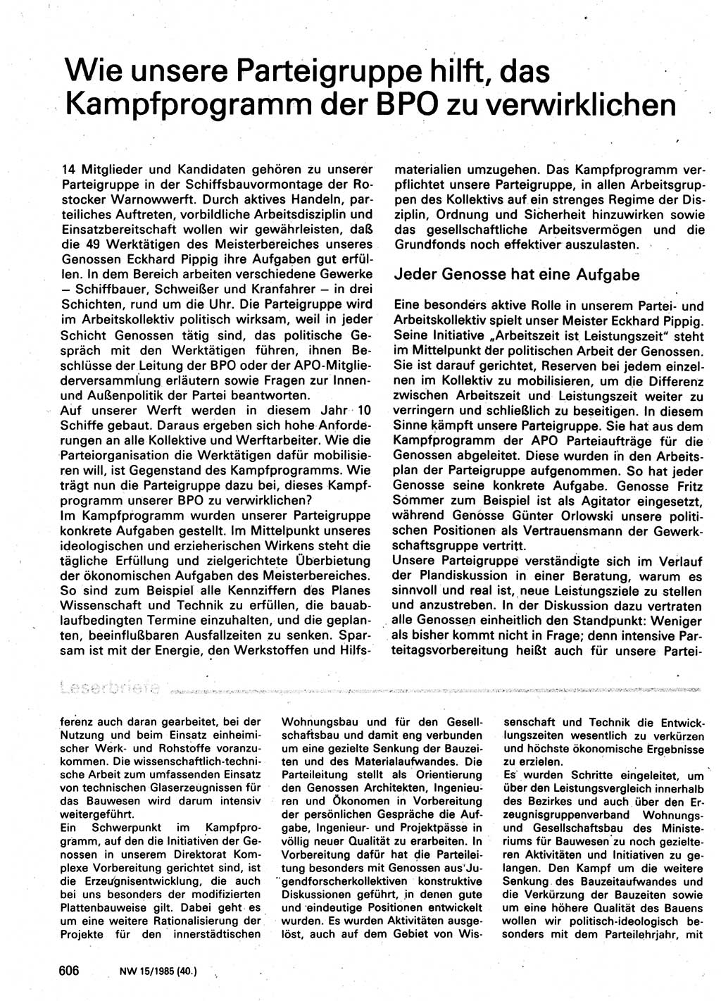Neuer Weg (NW), Organ des Zentralkomitees (ZK) der SED (Sozialistische Einheitspartei Deutschlands) für Fragen des Parteilebens, 40. Jahrgang [Deutsche Demokratische Republik (DDR)] 1985, Seite 606 (NW ZK SED DDR 1985, S. 606)